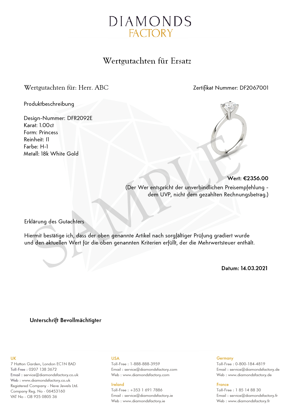 Valuation Certificate